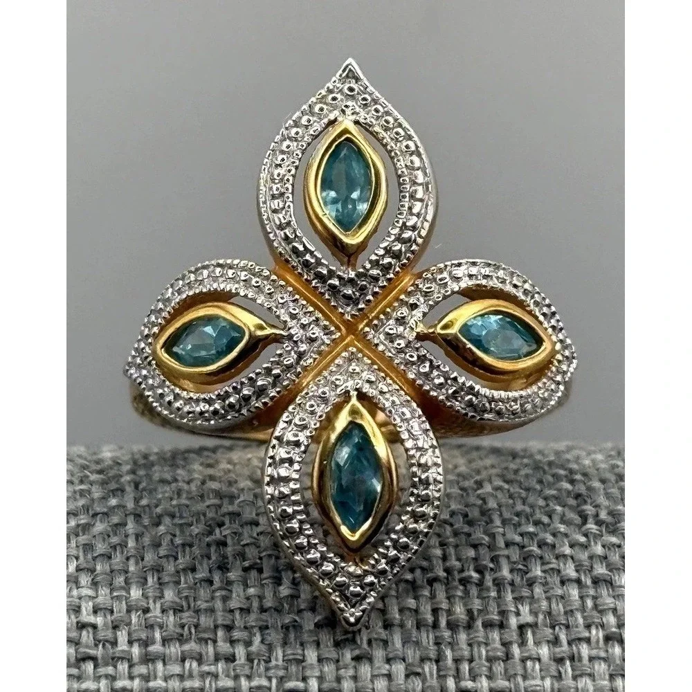 Gorgeous Blue Stone Marquise Cross Statement Ring Gold Tone Size 6